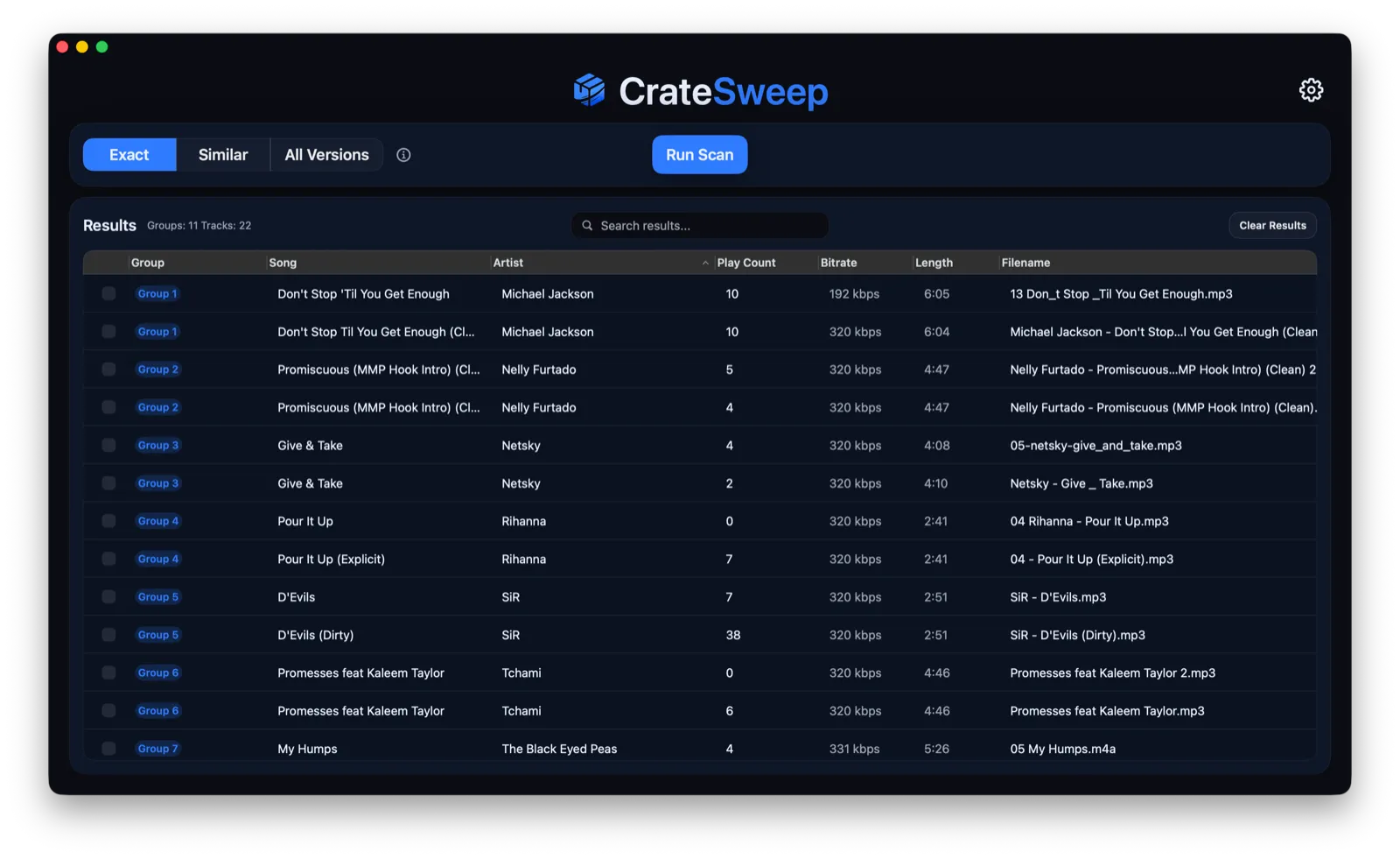 CrateSweep's scan results grouping duplicate Serato tracks with play count, bitrate, and filename for each copy