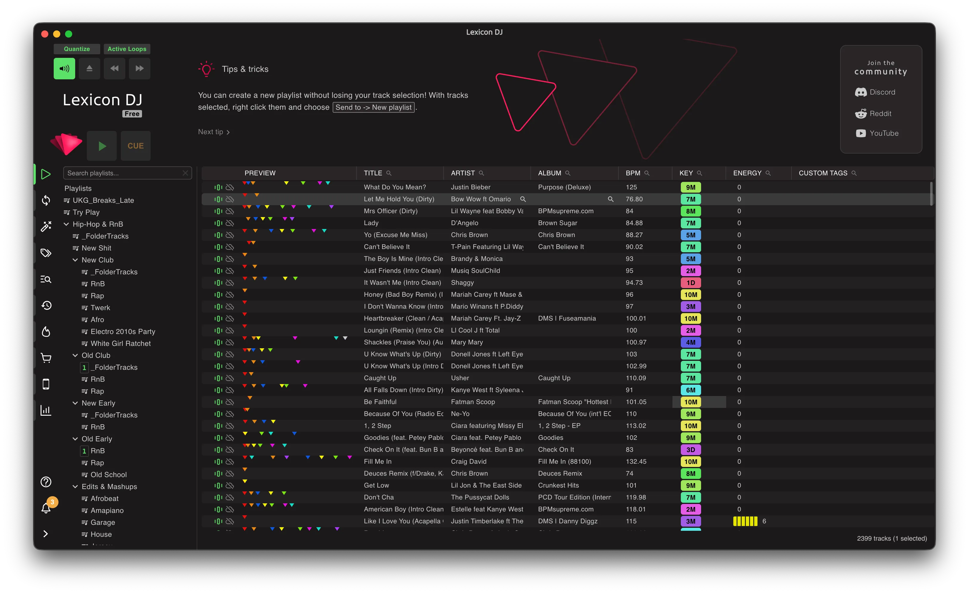Lexicon DJ with a synced Serato library loaded — the playlist tree, cue previews, BPM, key, and energy columns in its library view